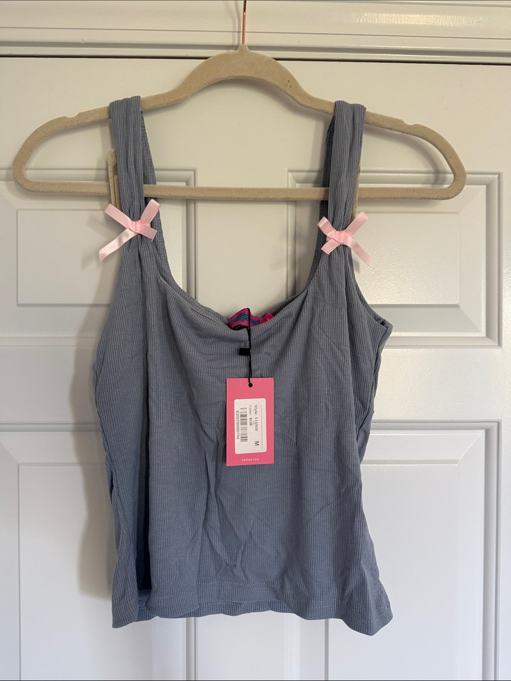 Women's Edikted Slate Gray/ Blue Ribbed Tank Top with Pink Ribbon Details